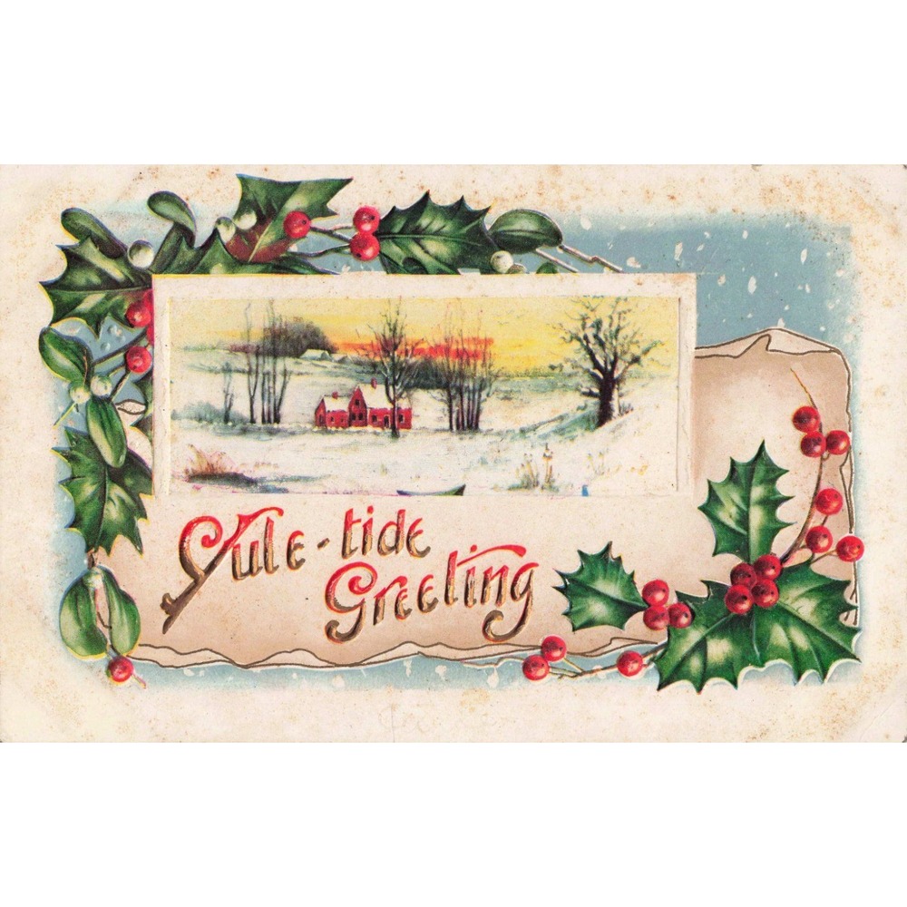 Antique Yule-tide Greeting Postcard Embossed Winter Landscape Holly Berries VG - Picture 1 of 2